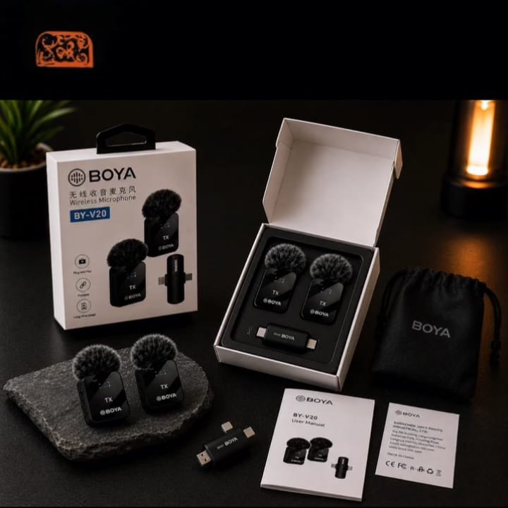 BOYA BY-V20 Wireless Mic | 2x Transmitters + 3x Receivers | Type-C + iPhone + 3.5mm | Noise Reduction | For YouTube, TikTok, Vlogging